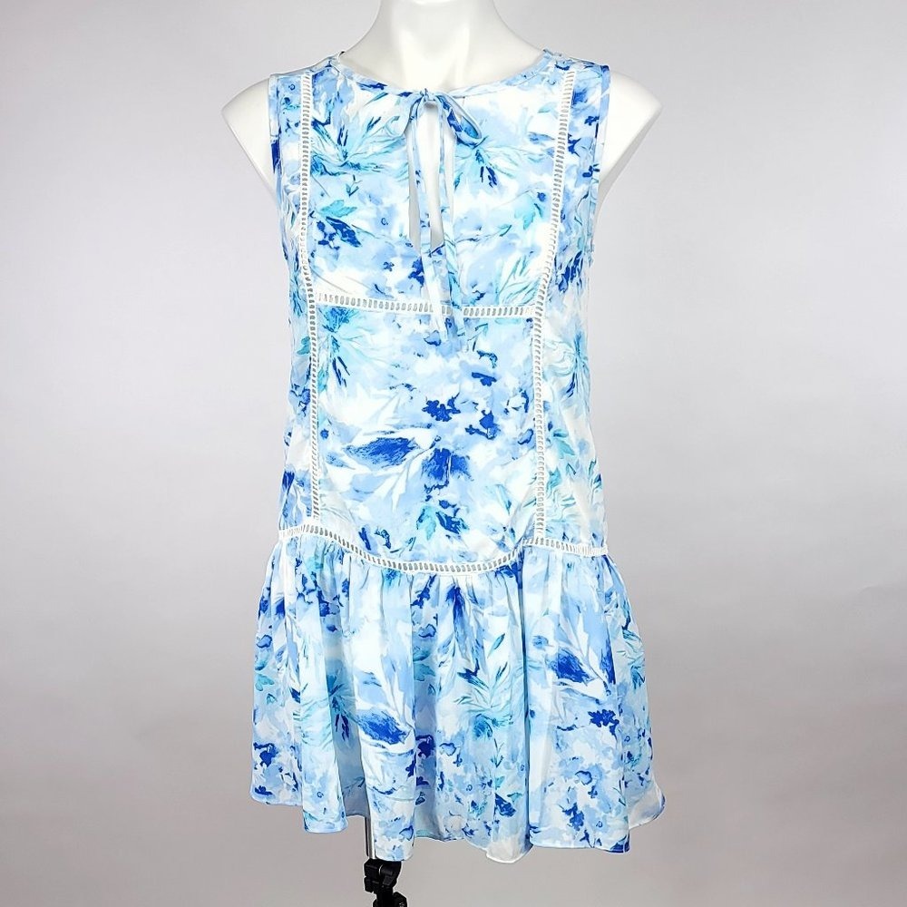 Asher by Fabrik Lincoln Dress Blue Floral‎ Watercolor Mini Lace Trim Size Small